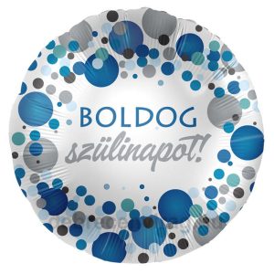 'BOLDOG szülinapot!' fehér kör lufi kék/szürke körökkel