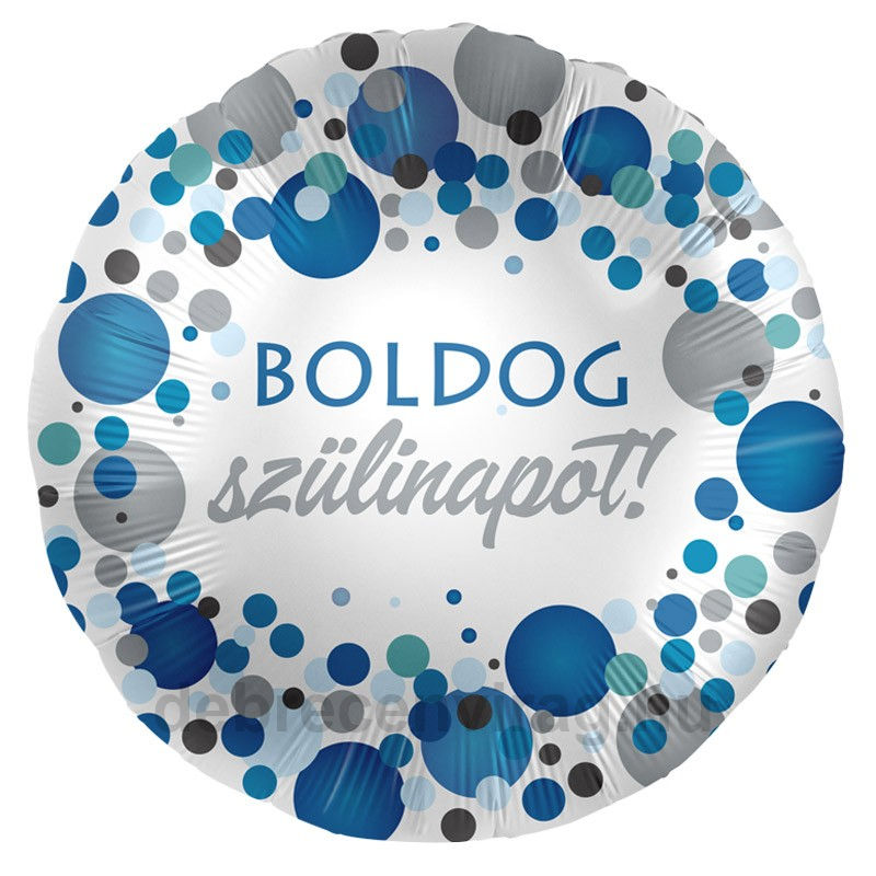 'BOLDOG szülinapot!' fehér kör lufi kék/szürke körökkel